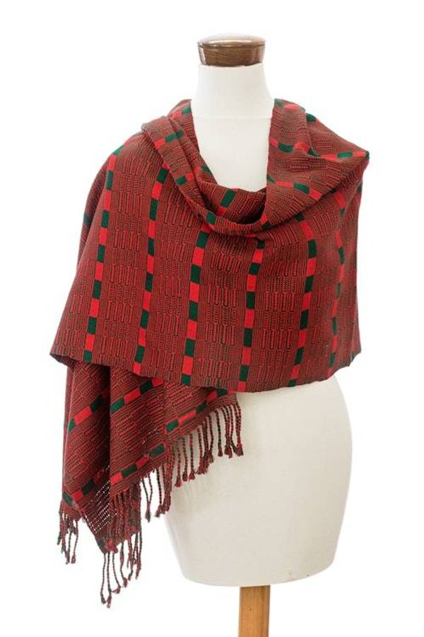 Alternate image for Fringed Shawl Hand-Woven from Rayon in Red and Green Fruits