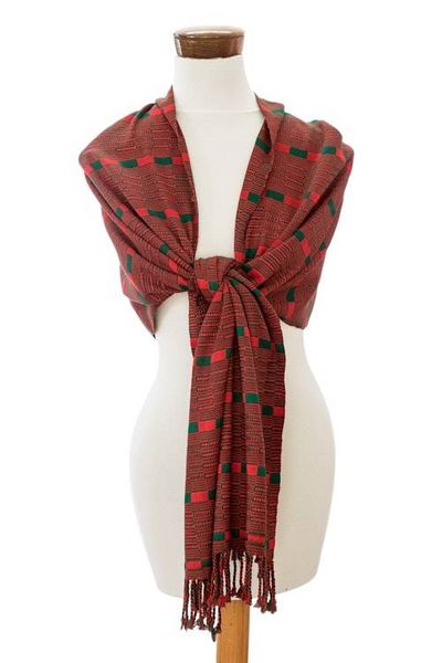 Alternate image for Fringed Shawl Hand-Woven from Rayon in Red and Green Fruits