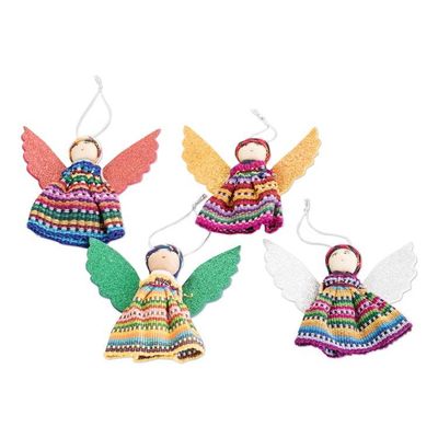 Alternate image for Set of 4 Angel-Themed Colorful Cotton Worry Doll Ornaments Celebration Angels