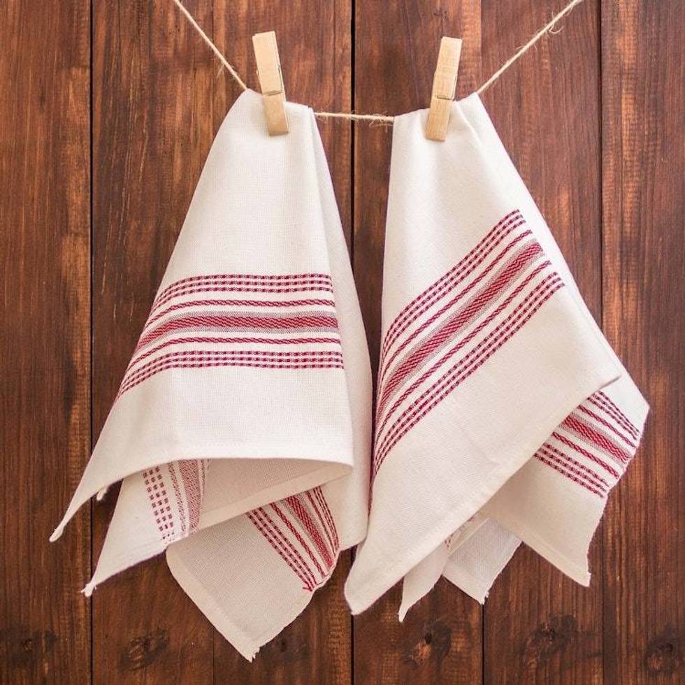 Striped 100 Cotton Napkins in Crimson and White Hues Pair 'Seasonal Stripes'