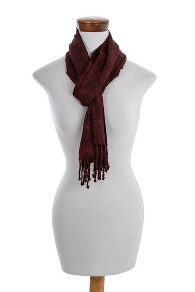 Alternate image for Deep Rust Rayon Scarf Hand Woven in Guatemala Color and Texture in Rust