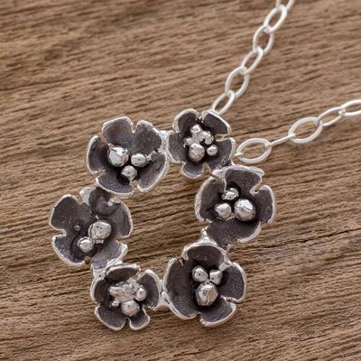 Primary image for Handcrafted Sterling Silver Flower Wreath Pendant Necklace Floret Wreath