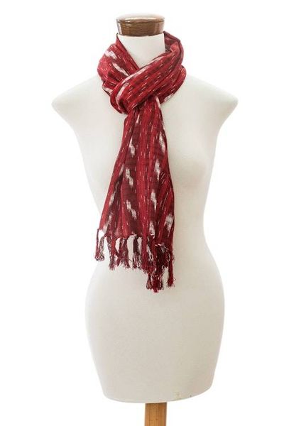 Alternate image for Handloomed Red Cotton Scarf with a Gingham-Inspired Pattern Strawberry Shine