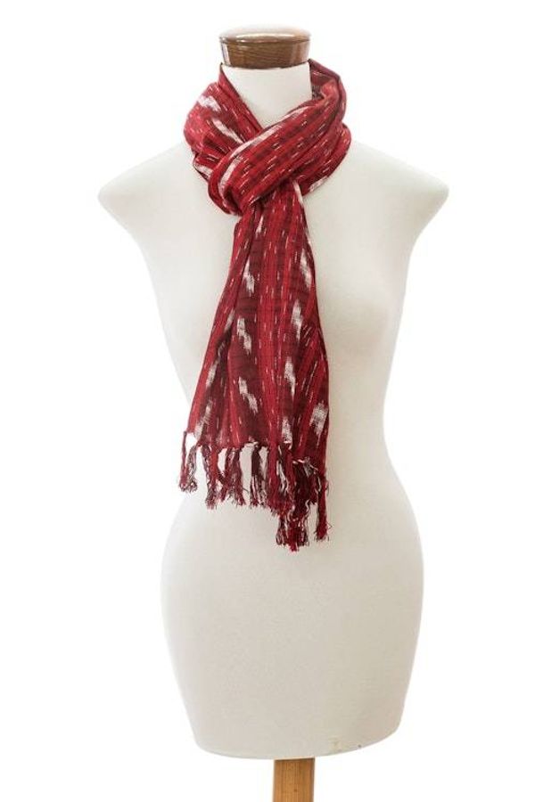 Alternate image for Handloomed Red Cotton Scarf with a Gingham-Inspired Pattern Strawberry Shine