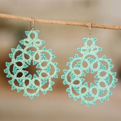 Alternate image for Aquamarine Hand-Tatted Dangle Earrings with Glass Beads Aquamarine Enchantment