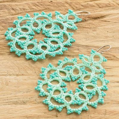Alternate image for Aquamarine Hand-Tatted Dangle Earrings with Glass Beads Aquamarine Enchantment
