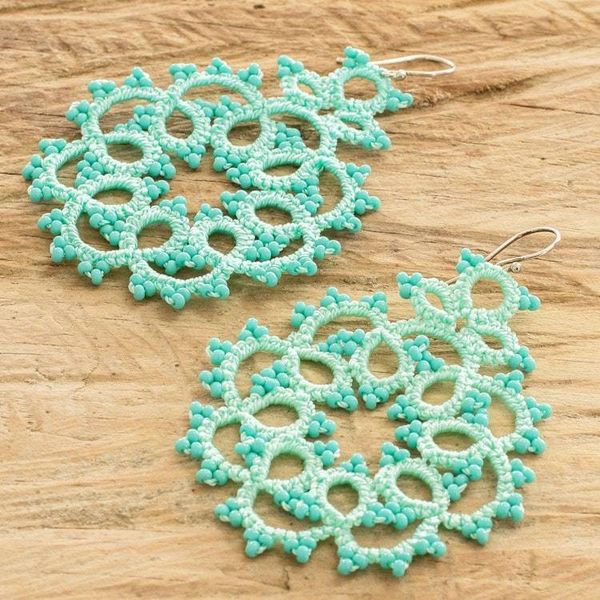 Alternate image for Aquamarine Hand-Tatted Dangle Earrings with Glass Beads Aquamarine Enchantment