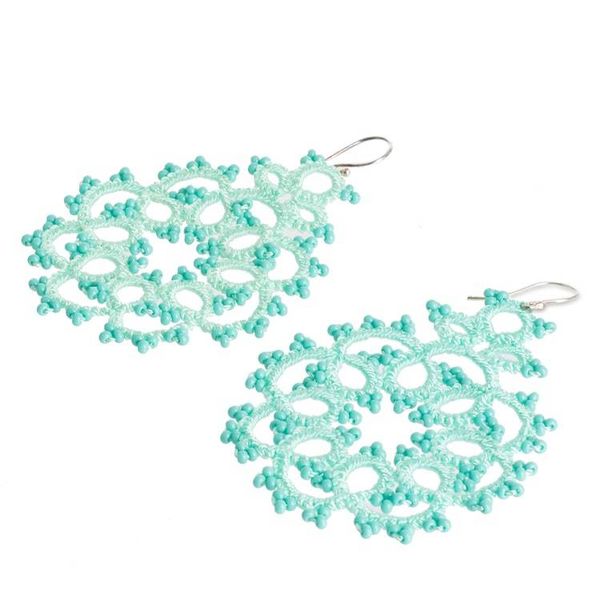 Alternate image for Aquamarine Hand-Tatted Dangle Earrings with Glass Beads Aquamarine Enchantment