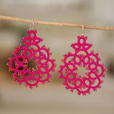 Alternate image for Fuchsia Hand-Tatted Dangle Earrings with Glass Beads Fuchsia Enchantment