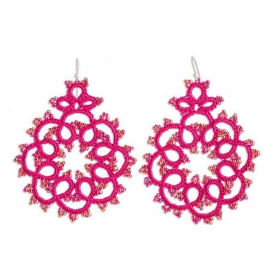 Alternate image for Fuchsia Hand-Tatted Dangle Earrings with Glass Beads Fuchsia Enchantment