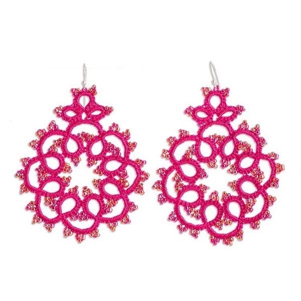 Alternate image for Fuchsia Hand-Tatted Dangle Earrings with Glass Beads Fuchsia Enchantment