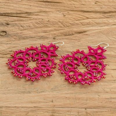 Alternate image for Fuchsia Hand-Tatted Dangle Earrings with Glass Beads Fuchsia Enchantment