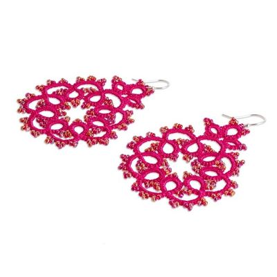 Alternate image for Fuchsia Hand-Tatted Dangle Earrings with Glass Beads Fuchsia Enchantment