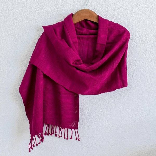 Alternate image for Guatemala Backstrap Handwoven Magenta Rayon Shawl Textured Magenta