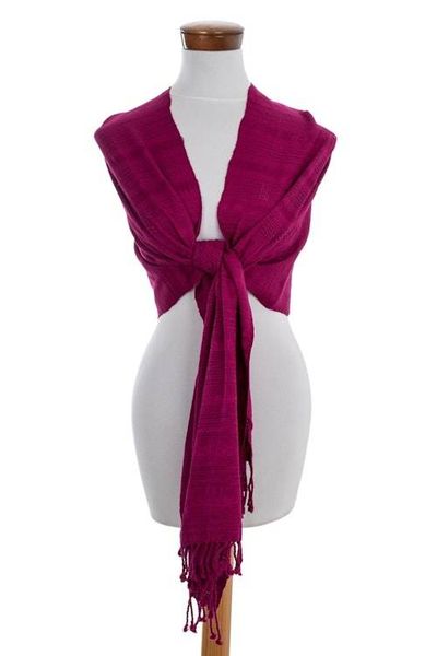 Alternate image for Guatemala Backstrap Handwoven Magenta Rayon Shawl Textured Magenta