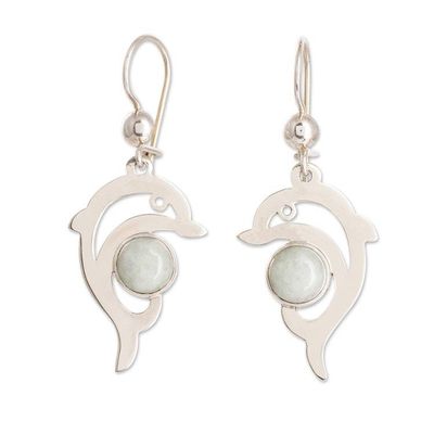 Alternate image for Sterling Silver Apple Green Jade Dolphin Dangle Earrings Apple Green Dolphin