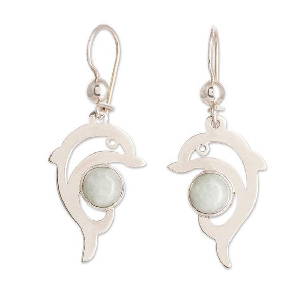 Alternate image for Sterling Silver Apple Green Jade Dolphin Dangle Earrings Apple Green Dolphin