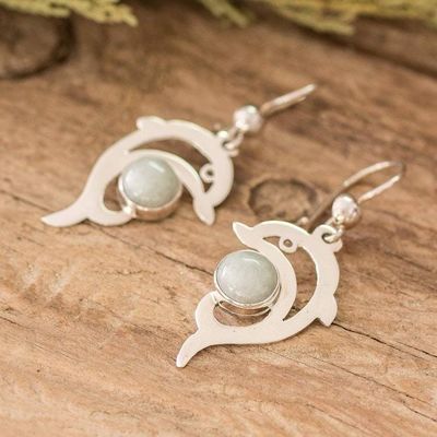Alternate image for Sterling Silver Apple Green Jade Dolphin Dangle Earrings Apple Green Dolphin