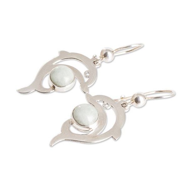 Alternate image for Sterling Silver Apple Green Jade Dolphin Dangle Earrings Apple Green Dolphin