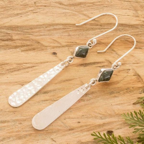 Alternate image for Sterling Silver Dangle Earrings with Black Jade Cabochons Spiritual Elegance