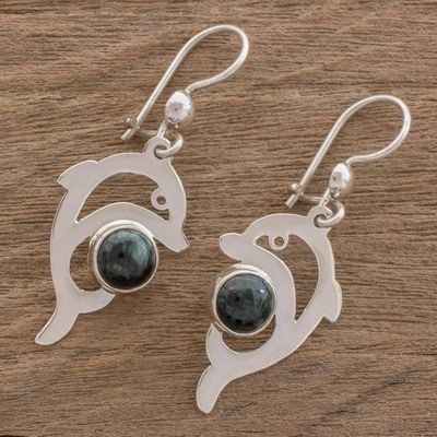 Alternate image for Dolphin-Shaped Dark Green Jade Earrings from Guatemala Dark Green Dolphin