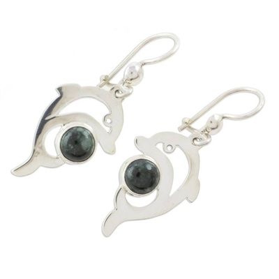 Alternate image for Dolphin-Shaped Dark Green Jade Earrings from Guatemala Dark Green Dolphin