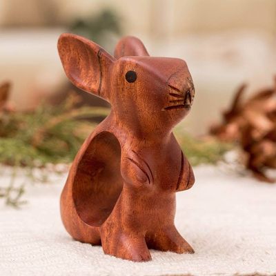 Alternate image for Bunny-Themed Mahogany Wood Figurine Handmade in Guatemala Little Adventurer