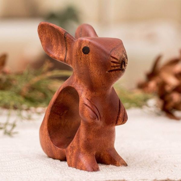 Alternate image for Bunny-Themed Mahogany Wood Figurine Handmade in Guatemala Little Adventurer