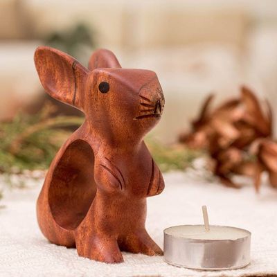 Alternate image for Bunny-Themed Mahogany Wood Figurine Handmade in Guatemala Little Adventurer