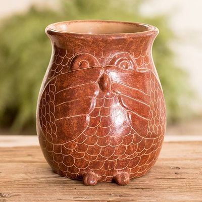 Alternate image for Handcrafted Ceramic Owl Vase Hand-Painted in Brown Prudent Spirit