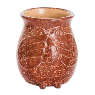 Alternate image for Handcrafted Ceramic Owl Vase Hand-Painted in Brown Prudent Spirit