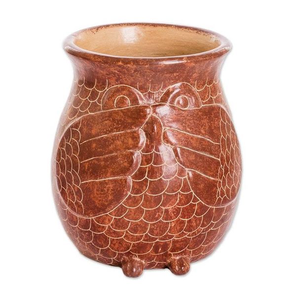 Alternate image for Handcrafted Ceramic Owl Vase Hand-Painted in Brown Prudent Spirit