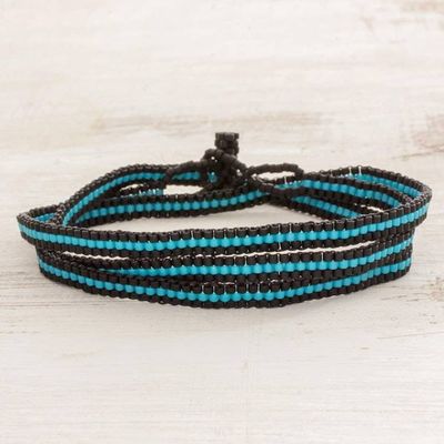Alternate image for Fair Trade Blue and Black Striped Beaded Wrap Bracelet Sky Stripes