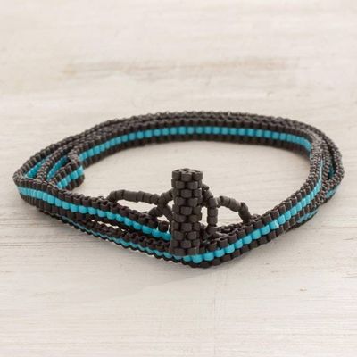 Alternate image for Fair Trade Blue and Black Striped Beaded Wrap Bracelet Sky Stripes