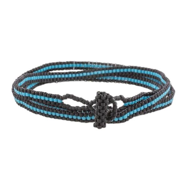Alternate image for Fair Trade Blue and Black Striped Beaded Wrap Bracelet Sky Stripes