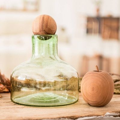 Alternate image for Handblown Recycled Glass Carafe in Green with Wooden Stopper Verdant Waters