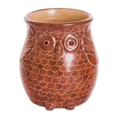 Alternate image for Handcrafted Ceramic Owl Vase Hand-Painted in Brown Tone Wise Spirit