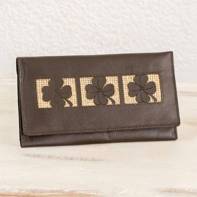 Primary image for Clover Theme Jute Trim Brown Leather Wallet Brown Lucky Clover