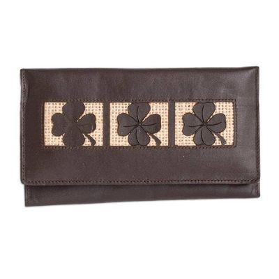 Alternate image for Clover Theme Jute Trim Brown Leather Wallet Brown Lucky Clover