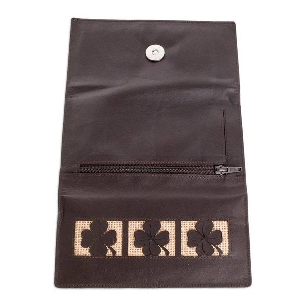 Alternate image for Clover Theme Jute Trim Brown Leather Wallet Brown Lucky Clover