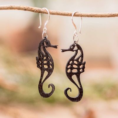 Alternate image for Seahorse-Themed Reclaimed Wood Dangle Earrings in Black Seahorse Spell