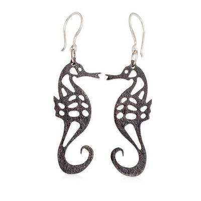 Alternate image for Seahorse-Themed Reclaimed Wood Dangle Earrings in Black Seahorse Spell