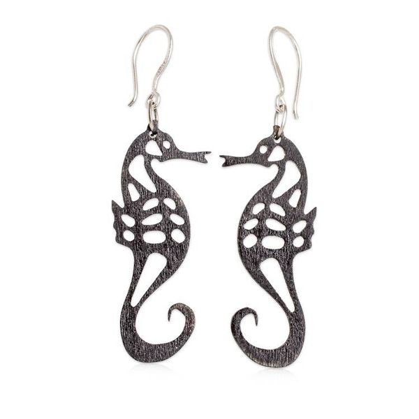 Alternate image for Seahorse-Themed Reclaimed Wood Dangle Earrings in Black Seahorse Spell