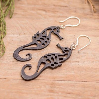Alternate image for Seahorse-Themed Reclaimed Wood Dangle Earrings in Black Seahorse Spell