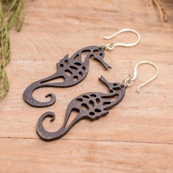 Alternate image for Seahorse-Themed Reclaimed Wood Dangle Earrings in Black Seahorse Spell