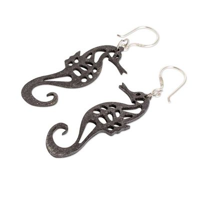 Alternate image for Seahorse-Themed Reclaimed Wood Dangle Earrings in Black Seahorse Spell