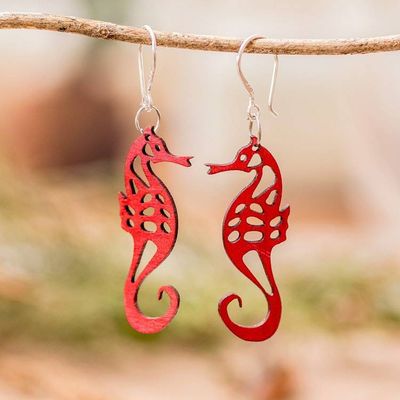 Alternate image for Red Openwork Reclaimed Wood Earrings with Seahorse Motif Red Seahorse Spell