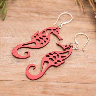Alternate image for Red Openwork Reclaimed Wood Earrings with Seahorse Motif Red Seahorse Spell