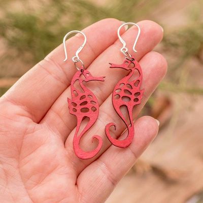 Alternate image for Red Openwork Reclaimed Wood Earrings with Seahorse Motif Red Seahorse Spell