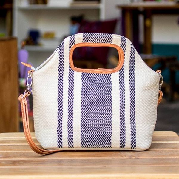 Alternate image for Woven Cotton Sling Handle Bag with Removable Leather Strap Dual Charm